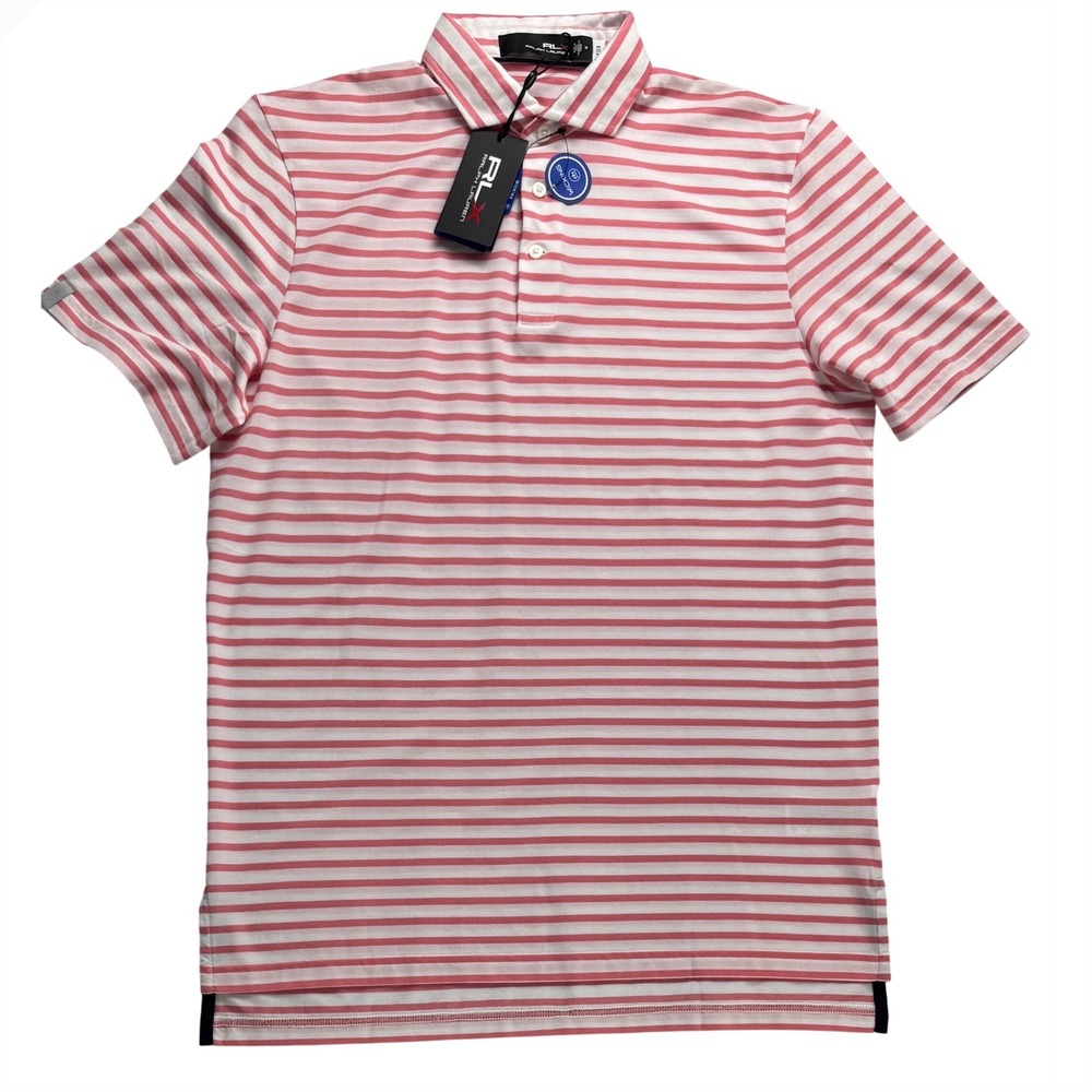 RLX Ralph Lauren Mens Golf Polo Shirt Pink White Striped Wicking Medium NWT